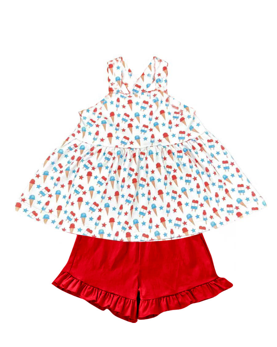 preorder GSSO3082 July 4th Ice Sleeveless Red Shorts Girls Set