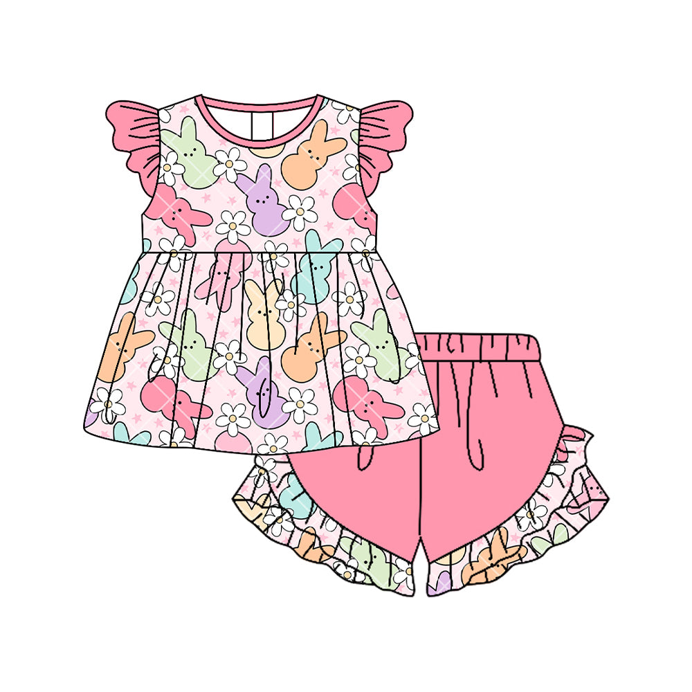 preorder GSSO3083 Easter Rabbit Bunny Flowers Flutter Sleeve Shorts Girls Set