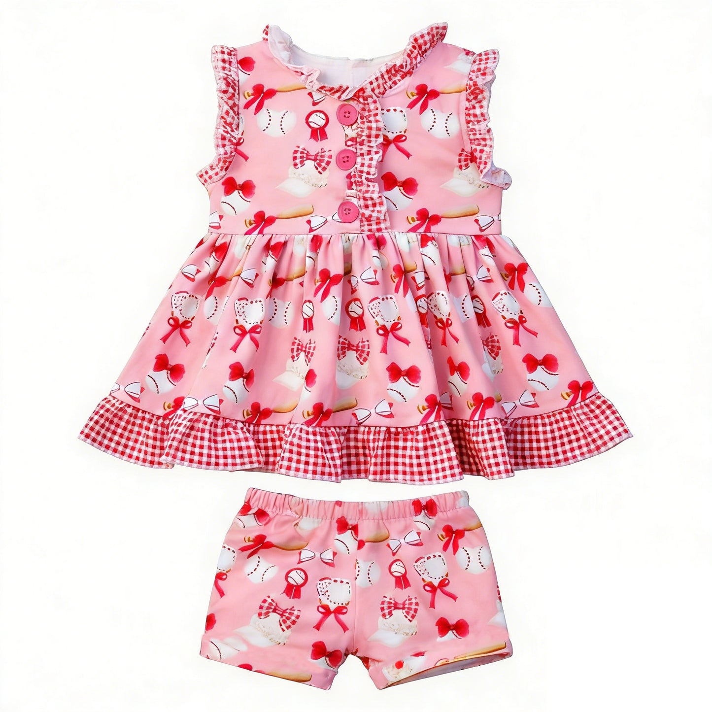 preorder GSSO3086 Baseball Bows Baseball Pink Sleeveless Shorts Girls Set