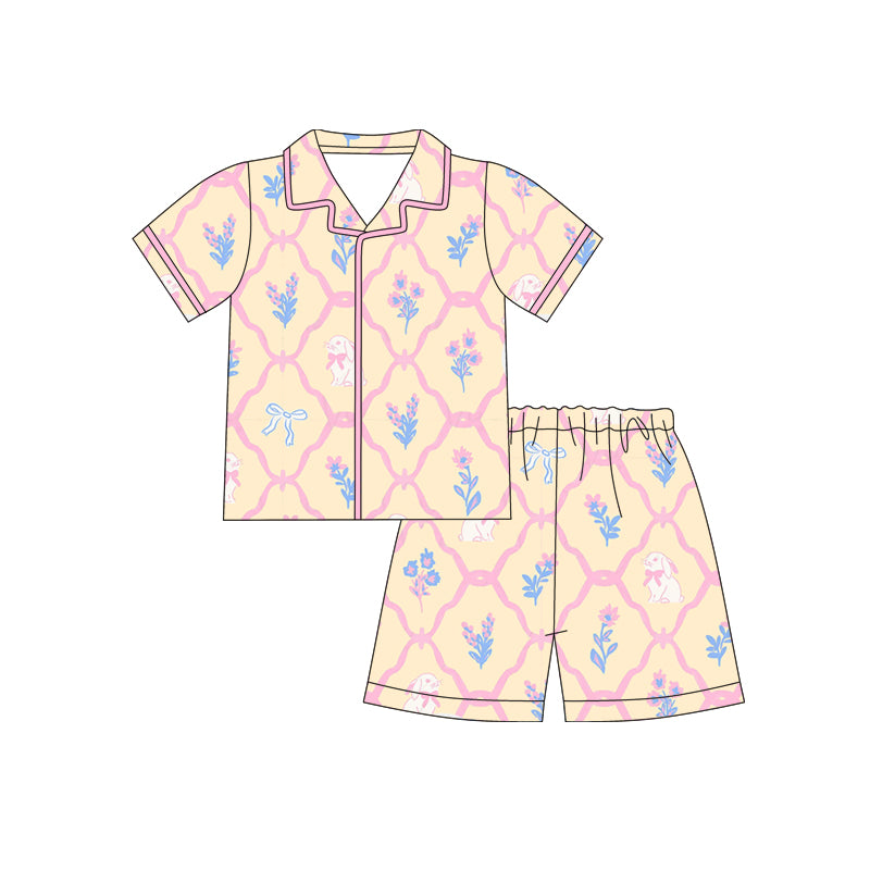 preorder GSSO3089 Easter Bunny Rabbit Bows Flowers Pink Short Sleeve Shorts Girls Pajamas