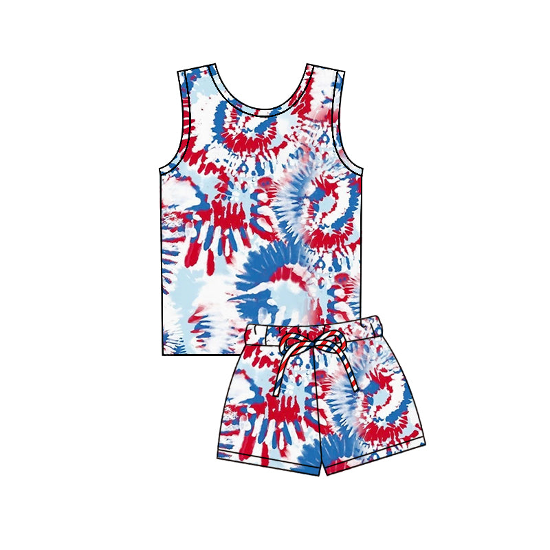 preorder GSSO3095 July 4th Red Blue Print Sleeveless Shorts Girls Set