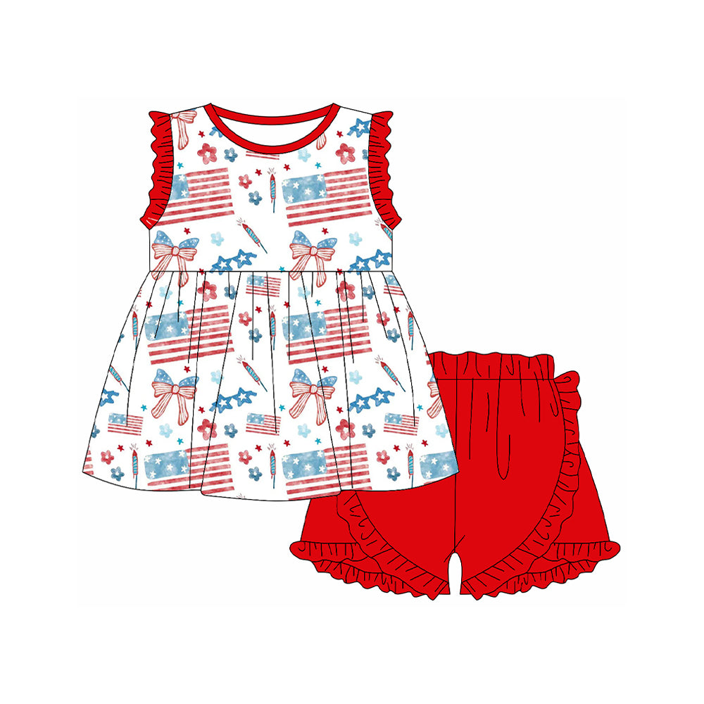 preorder GSSO3102 July 4th Flag Bows Sleeveless Red Shorts Girls Set