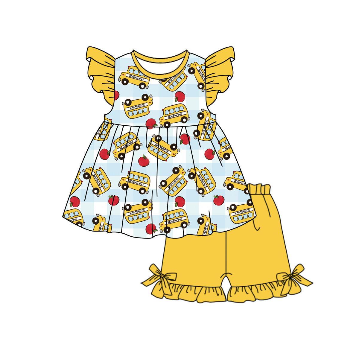 preorder GSSO3105 Back To School Bus Yellow Flutter Sleeve Shorts Girls Set