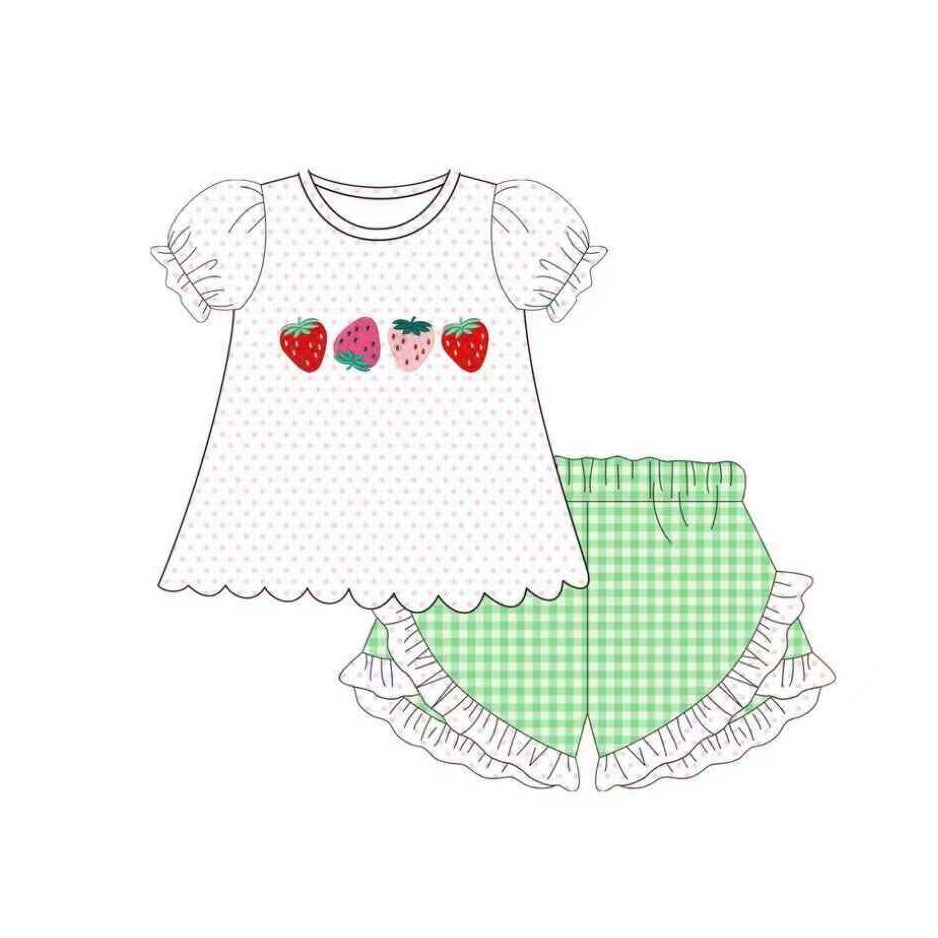preorder GSSO3113 strawberry Short Sleeve Green Shorts Girls Set