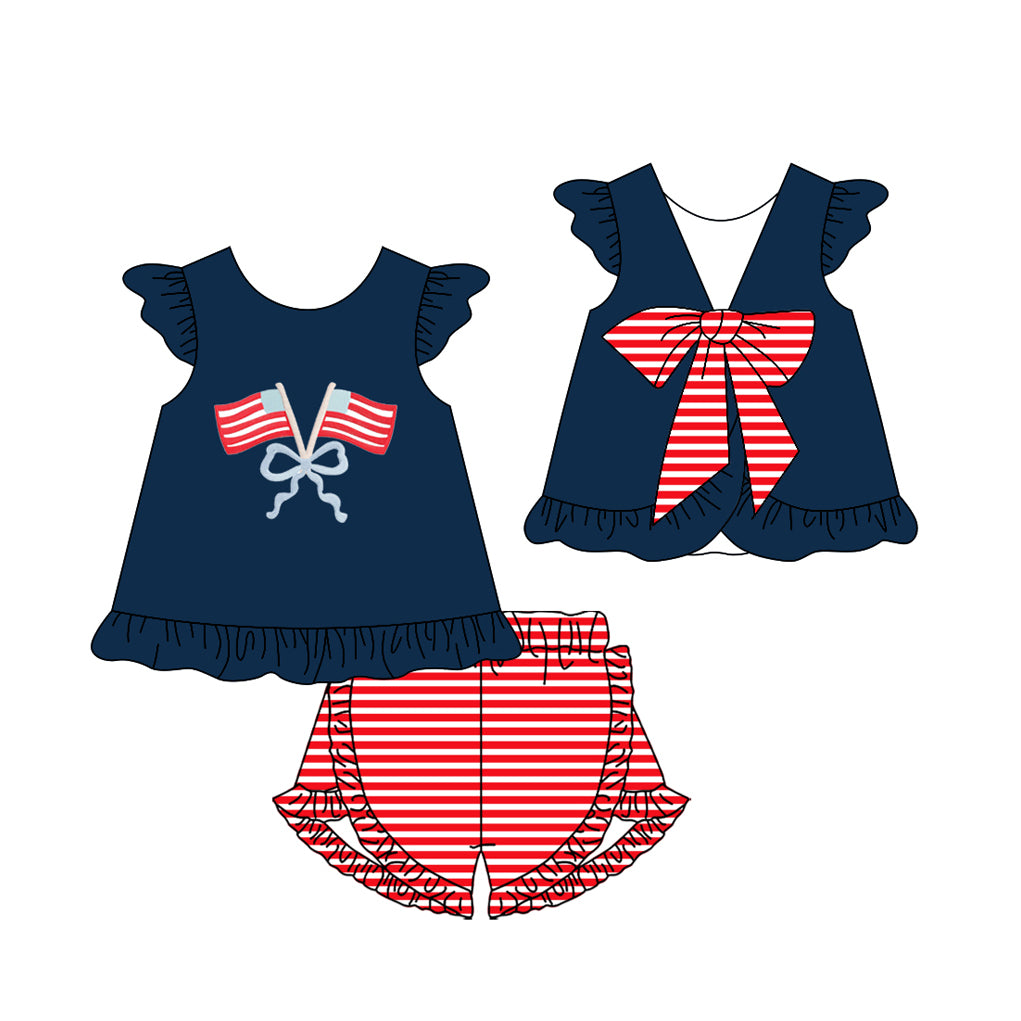 preorder GSSO3116 July 4th Flag with Bow Flutter Sleeve Red Striped Shorts Girls Set