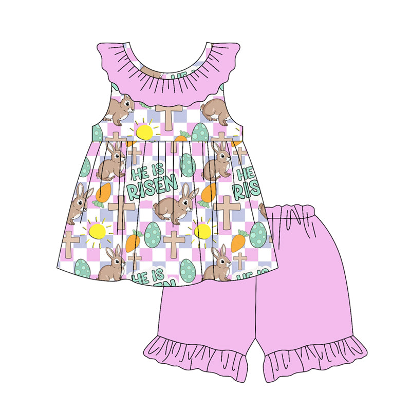preorder GSSO3119 Easter Rabbit Cross He Is Risen Top Hot Pink Shorts Girls Set