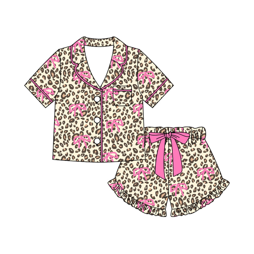 preorder GSSO3125 Leopard Hot Pink Bows Short Sleeve Shorts Girls Set