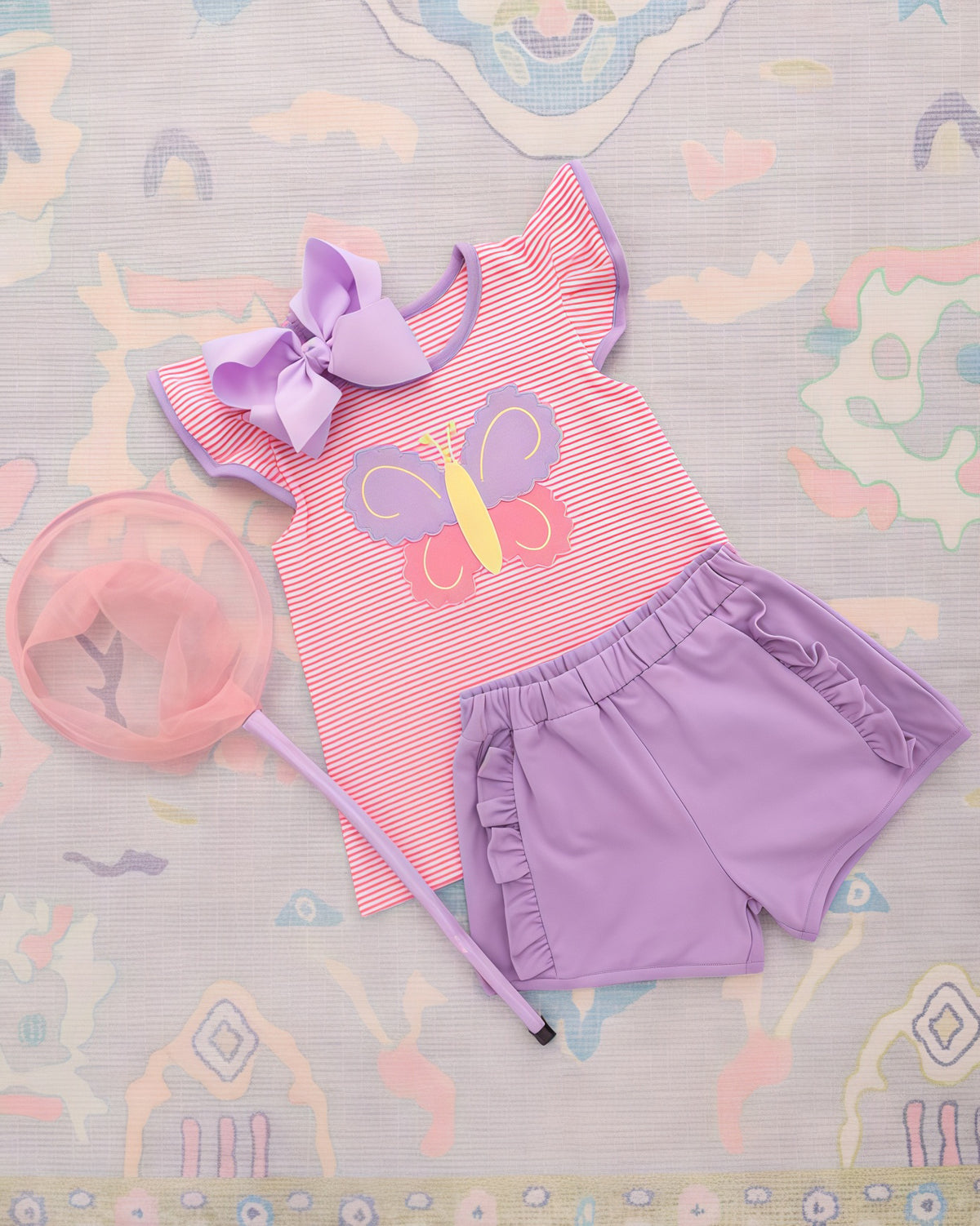 preorder GSSO3139 Butterfly Pink Striped Flutter Sleeve Purple Shorts Girls Set