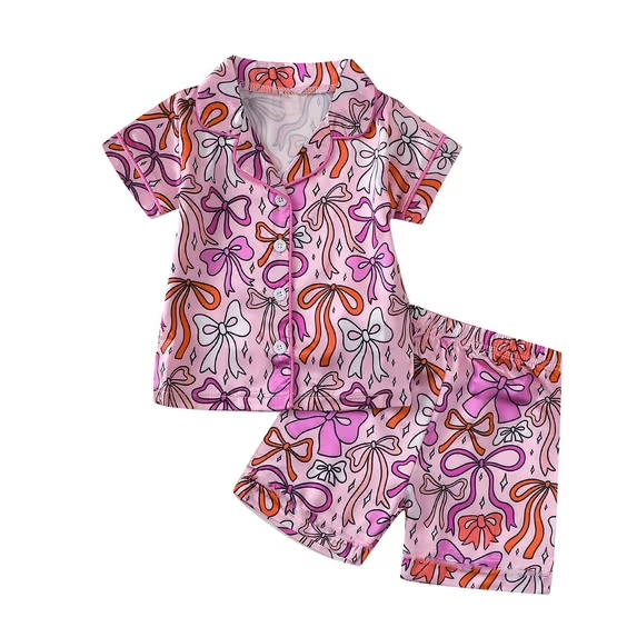 preorder GSSO3144 Pink Bows Short Sleeve Shorts Girls Pajamas