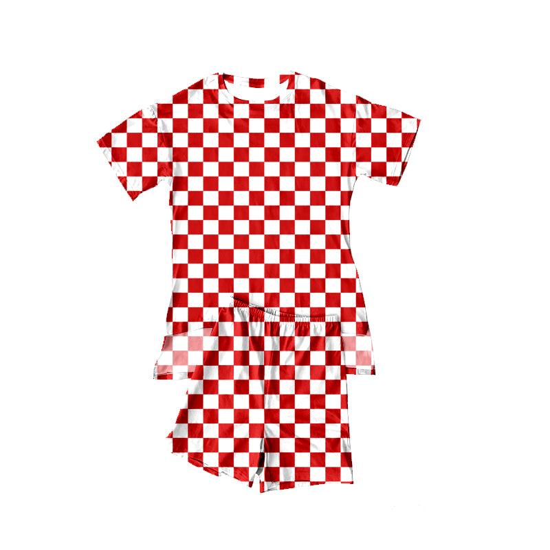 preorder GSSO3148 Red Checkered Short Sleeve Shorts Girls Pajamas