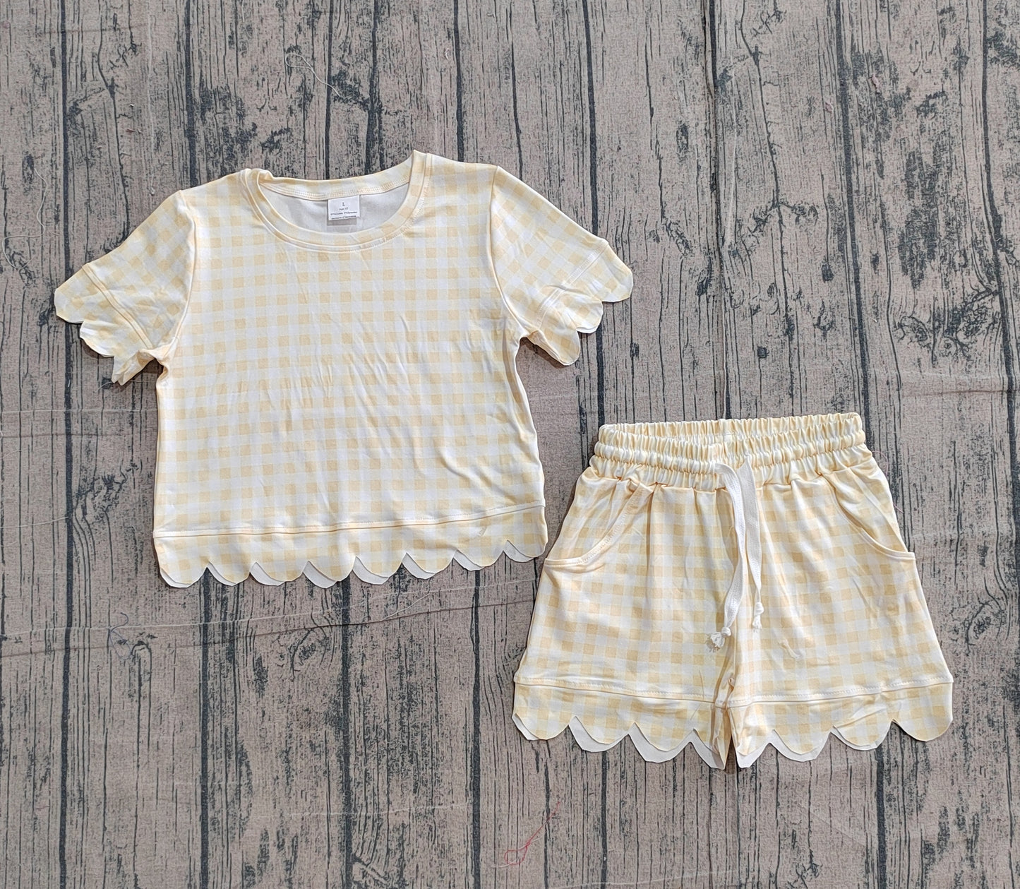 preorder Samples GSSO3185 Yellow Checkered Short Sleeve Shorts Girls Set
