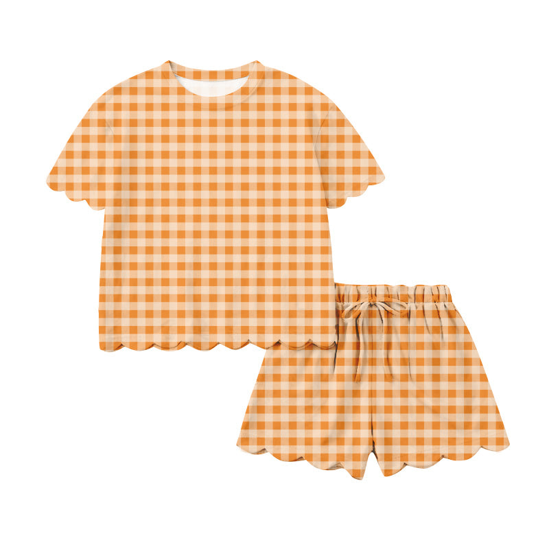 preorder GSSO3188 Orange Checkered Short Sleeve Shorts Girls Set