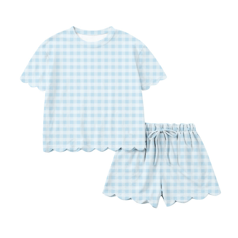 preorder GSSO3217 Blue Checkered Short Sleeve Shorts Adult Women Set