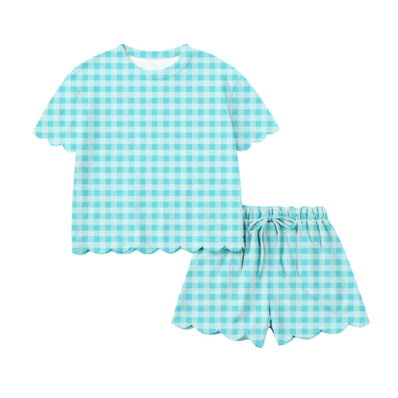 preorder GSSO3223 Blue Checkered Short Sleeve Shorts Adult Women Set