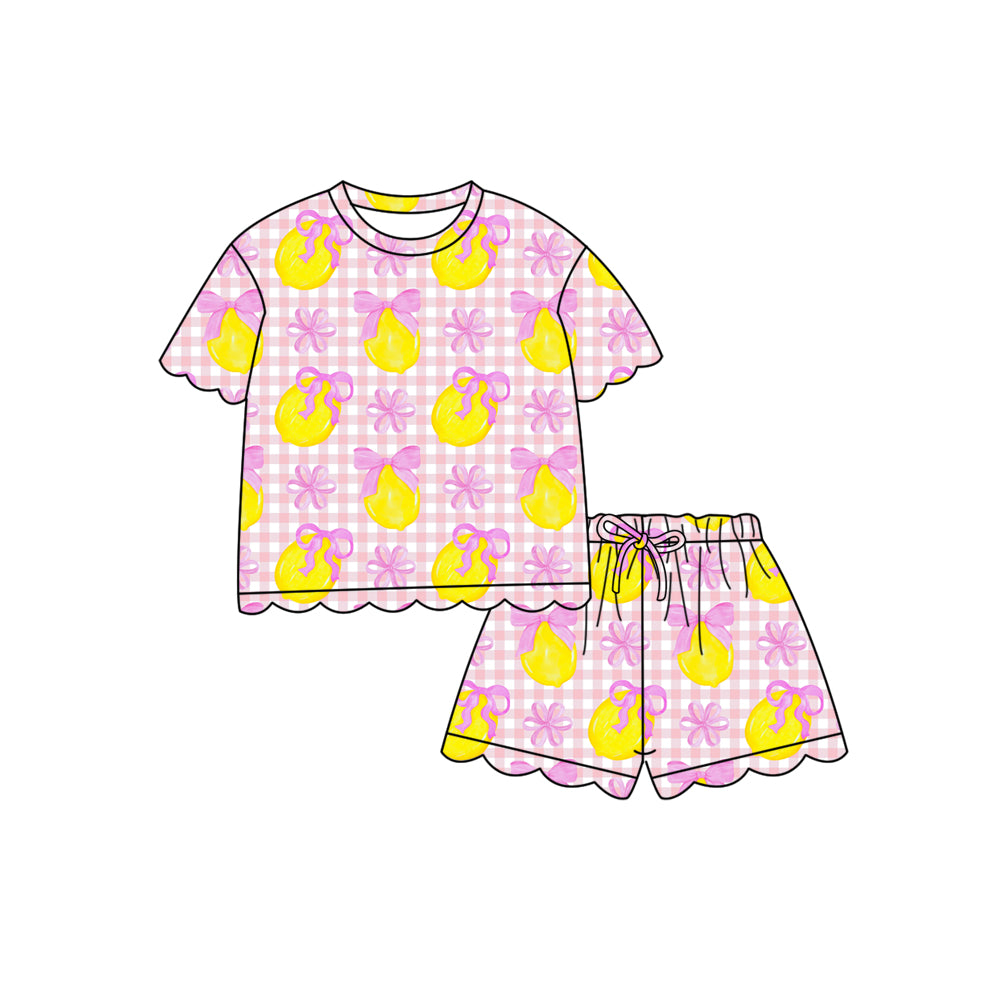 preorder GSSO3235 Lemon Bows Pink Checkered Short Sleeve Shorts Girls Set