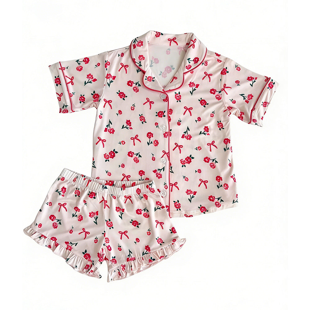 preorder GSSO3241 Flowers Bows Short Sleeve Shorts Girls Set