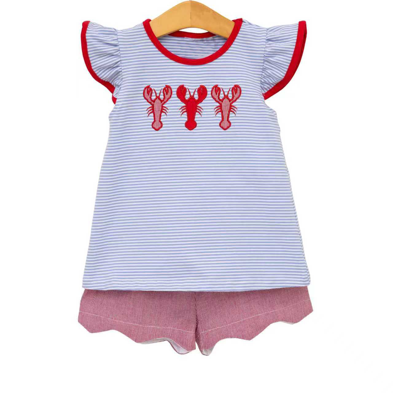 preorder GSSO3243 Crayfish Blue Flutter Sleeve Red Shorts Girls Set
