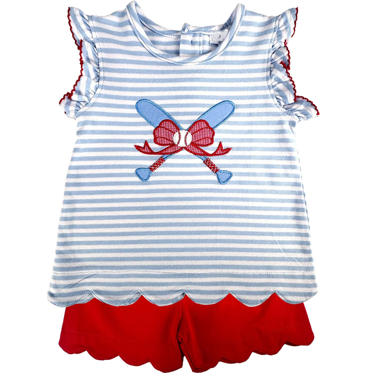 preorder GSSO3244 Baseball Bow Blue Short Sleeve Red Shorts Girls Set