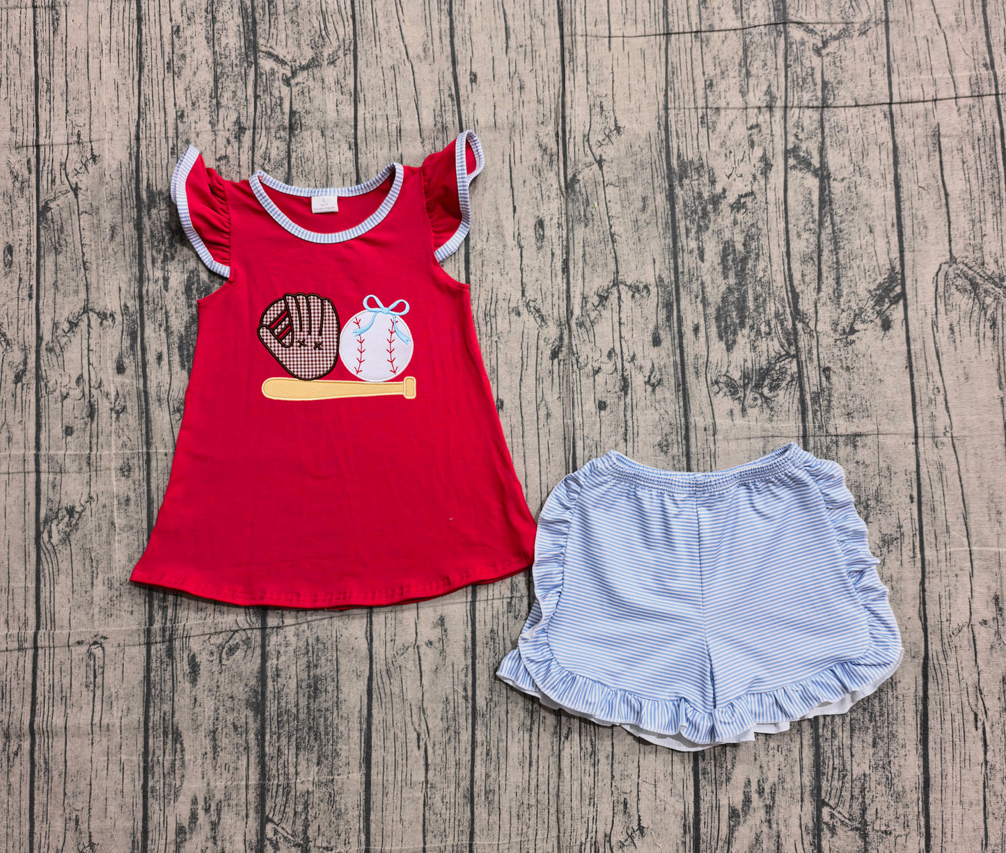preorder Samples GSSO3246 Play Baseball Red Flutter Sleeve Blue Shorts Girls Set