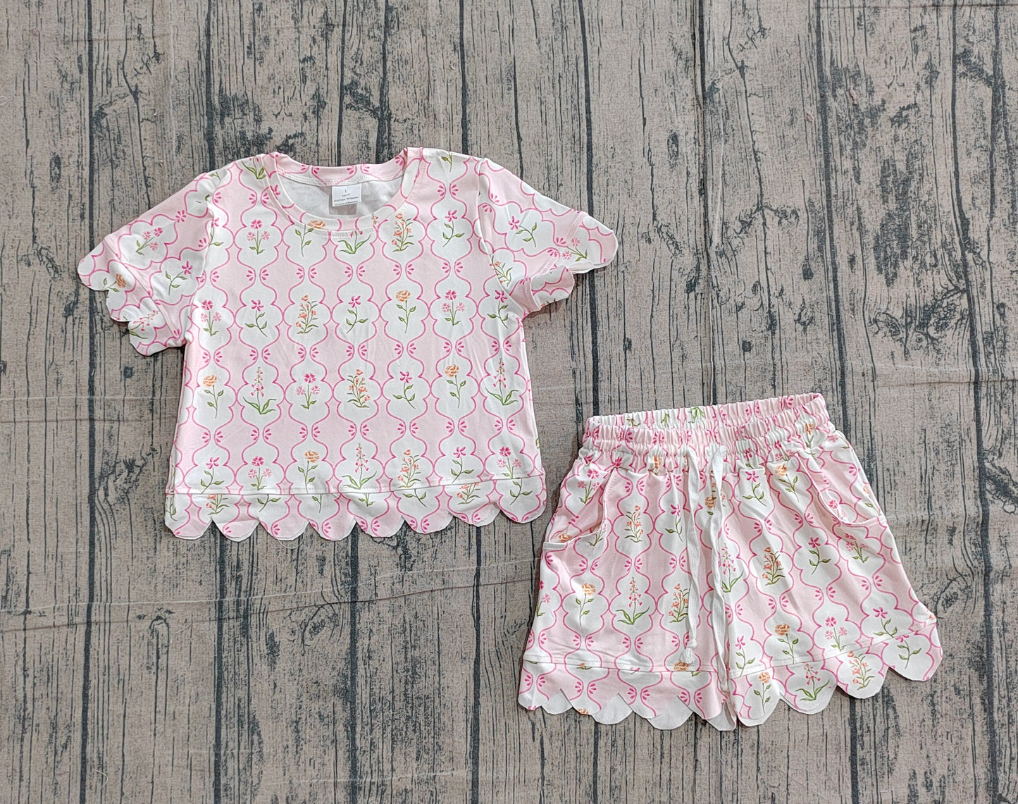 preorder Samples GSSO3271 Pink Flowers Short Sleeve Shorts Girls Set