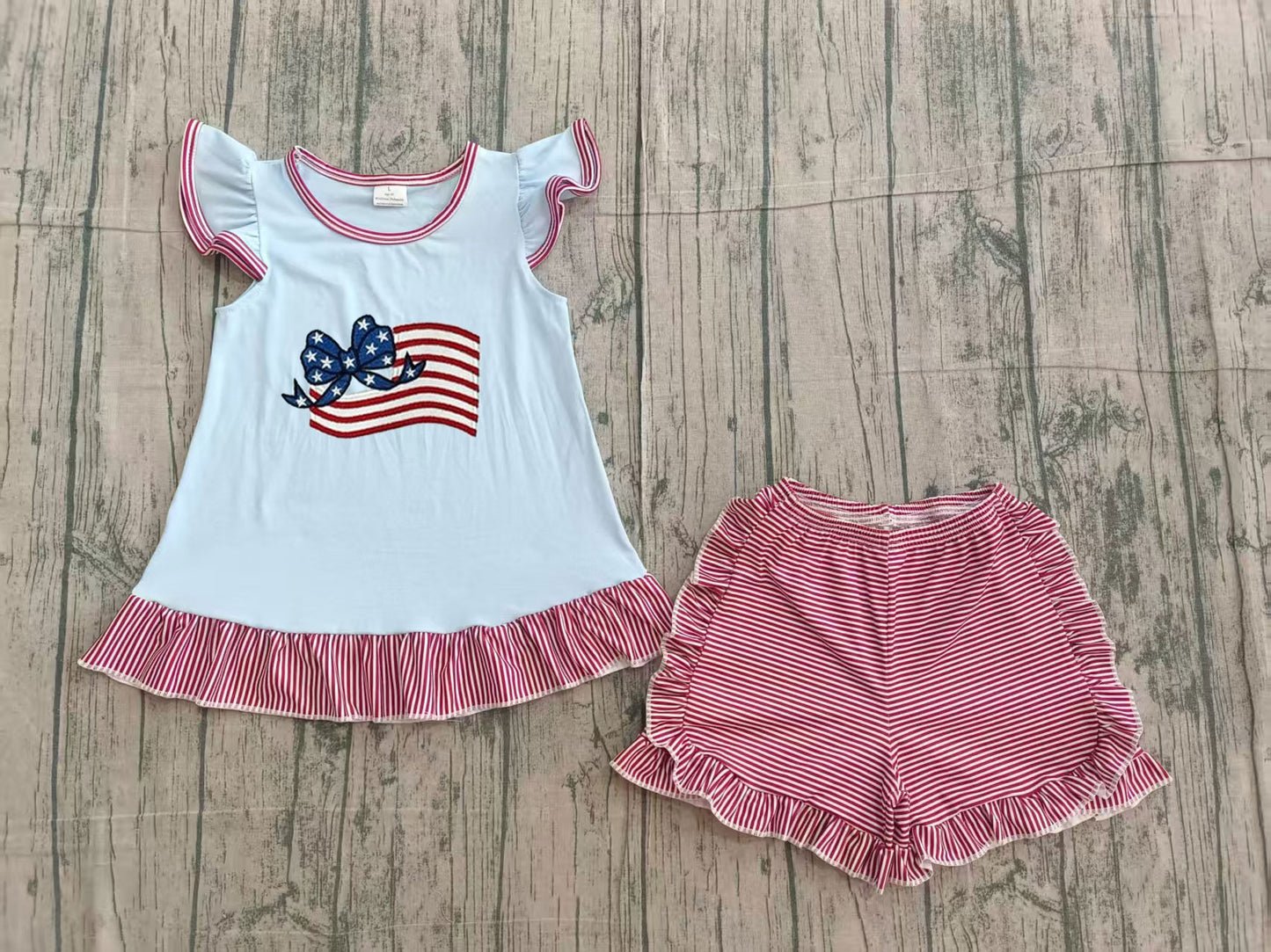 preorder Samples GSSO3278 July 4th Flag Bow Blue Flutter Sleeve Red Shorts Girls Set