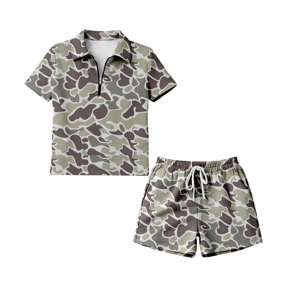 preorder GSSO3313 Hunting Camo Zipper Short Sleeve Shorts Adult Women Set