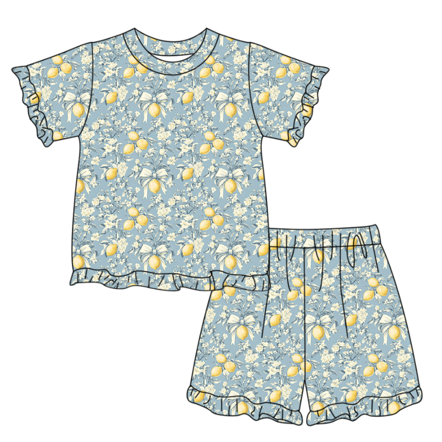 preorder GSSO3327 Lemon Blue Bows Short Sleeve Shorts Girls Set