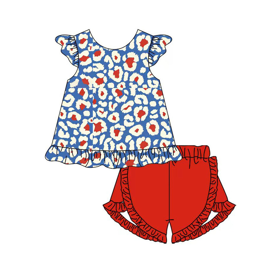 preorder GSSO3334 July 4th Blue Leopard Flutter Sleeve Red Shorts Girls Set