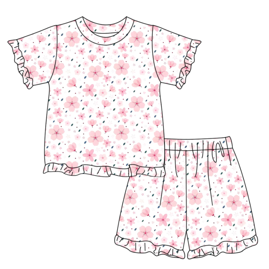 preorder GSSO3340 Flowers Pink Short Sleeve Shorts Girls Set