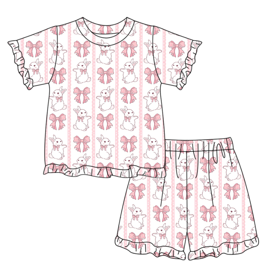 preorder GSSO3346 Pink Rabbit Bows Short Sleeve Shorts Girls Set