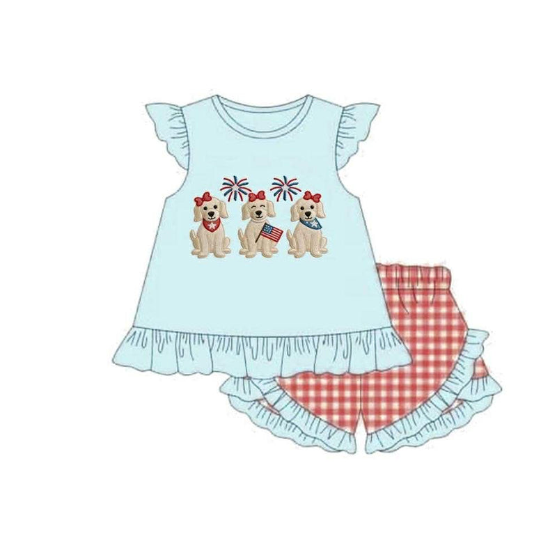 preorder GSSO3356 July 4th Firework Dog Blue Flutter Sleeve Red Checkered Shorts Girls Set
