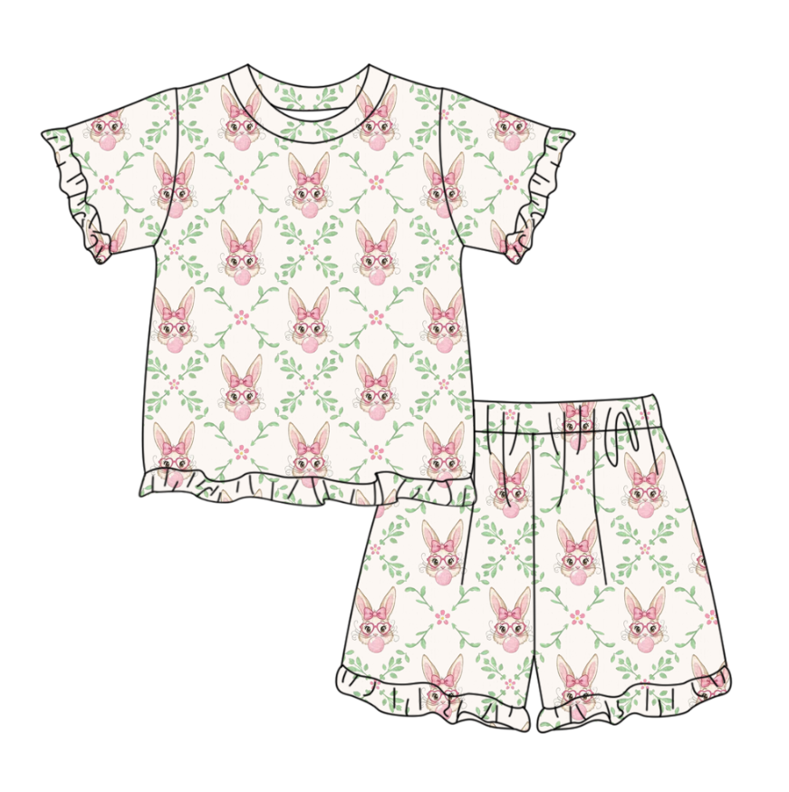 preorder GSSO3357 Easter Rabbit Flowers Short Sleeve Shorts Girls Set