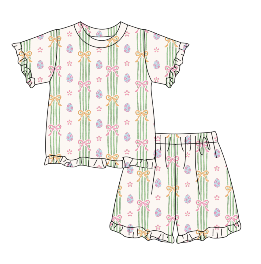 preorder GSSO3358 Easter Egg Flowers Bows Short Sleeve Shorts Girls Set