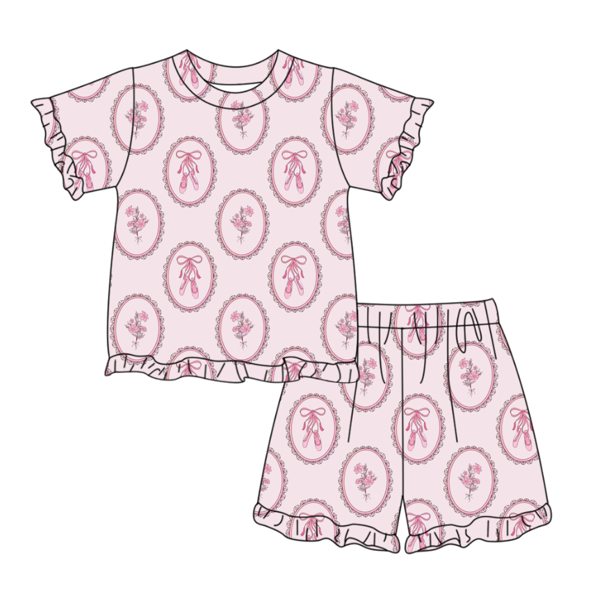 preorder GSSO3360 Pink Flowers Dance Shoe Short Sleeve Shorts Girls Set