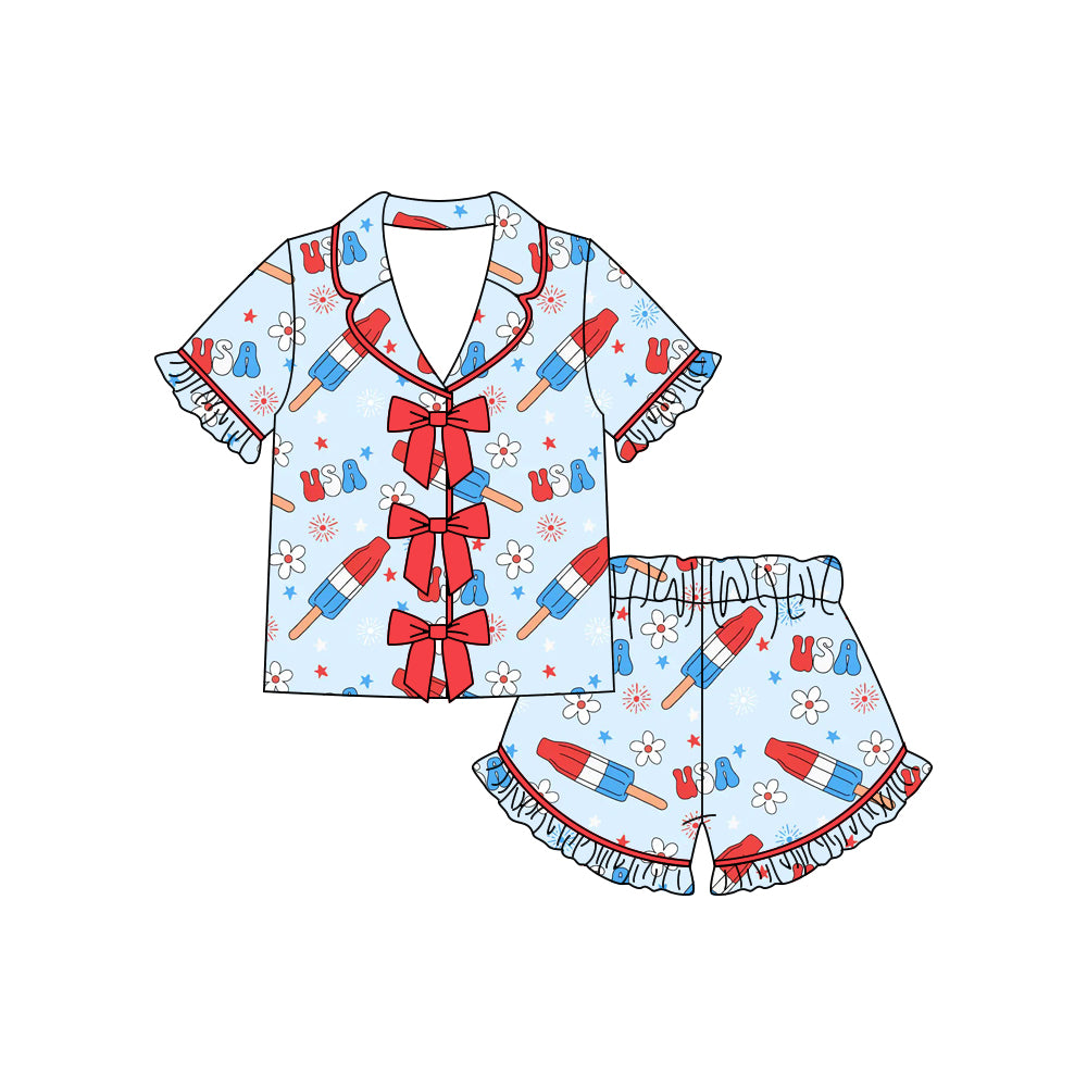 preorder GSSO3369 July 4th Firework Flowers Bows Short Sleeve Shorts Girls Pajamas