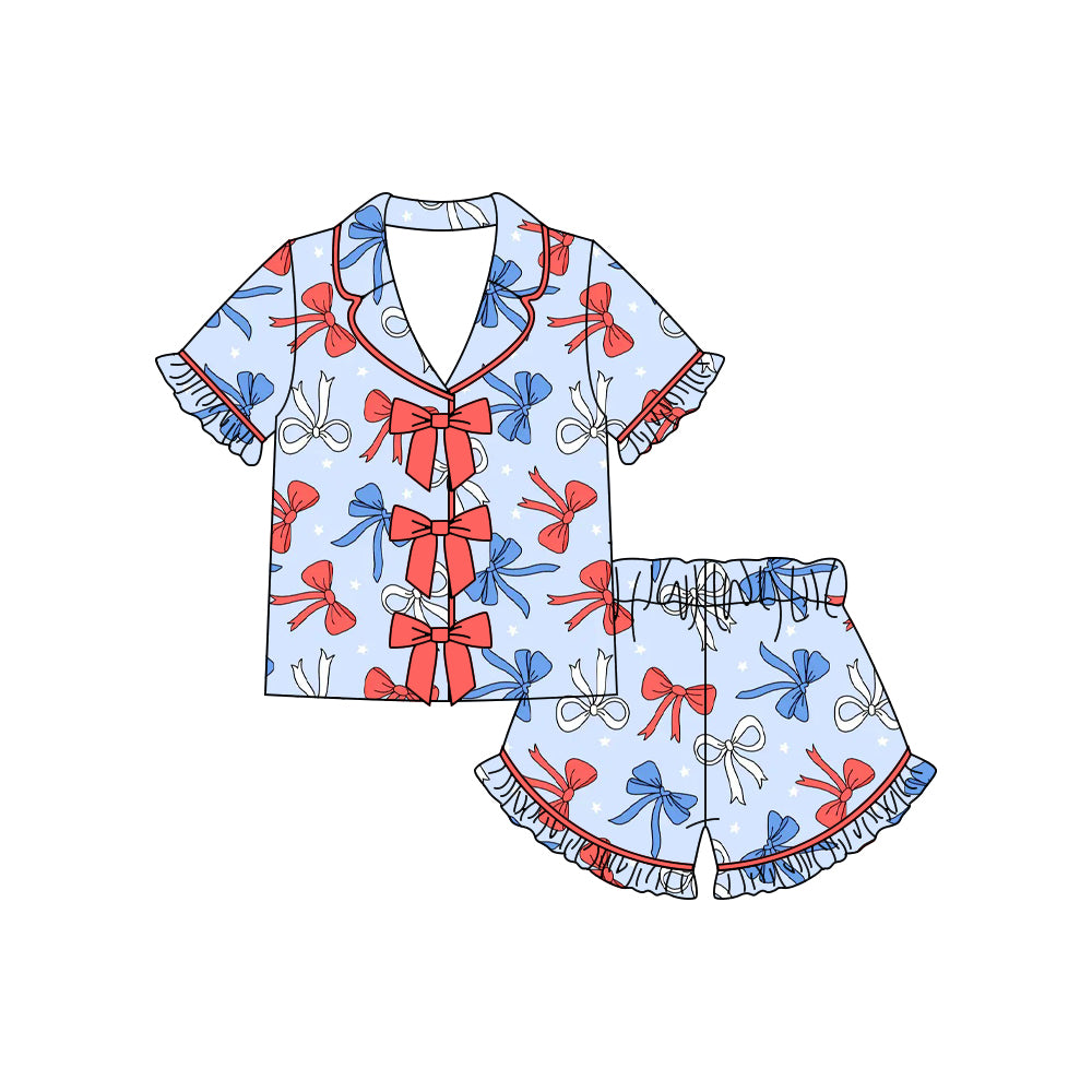 preorder GSSO3371 July 4th Blue Bows Short Sleeve Shorts Girls Pajamas