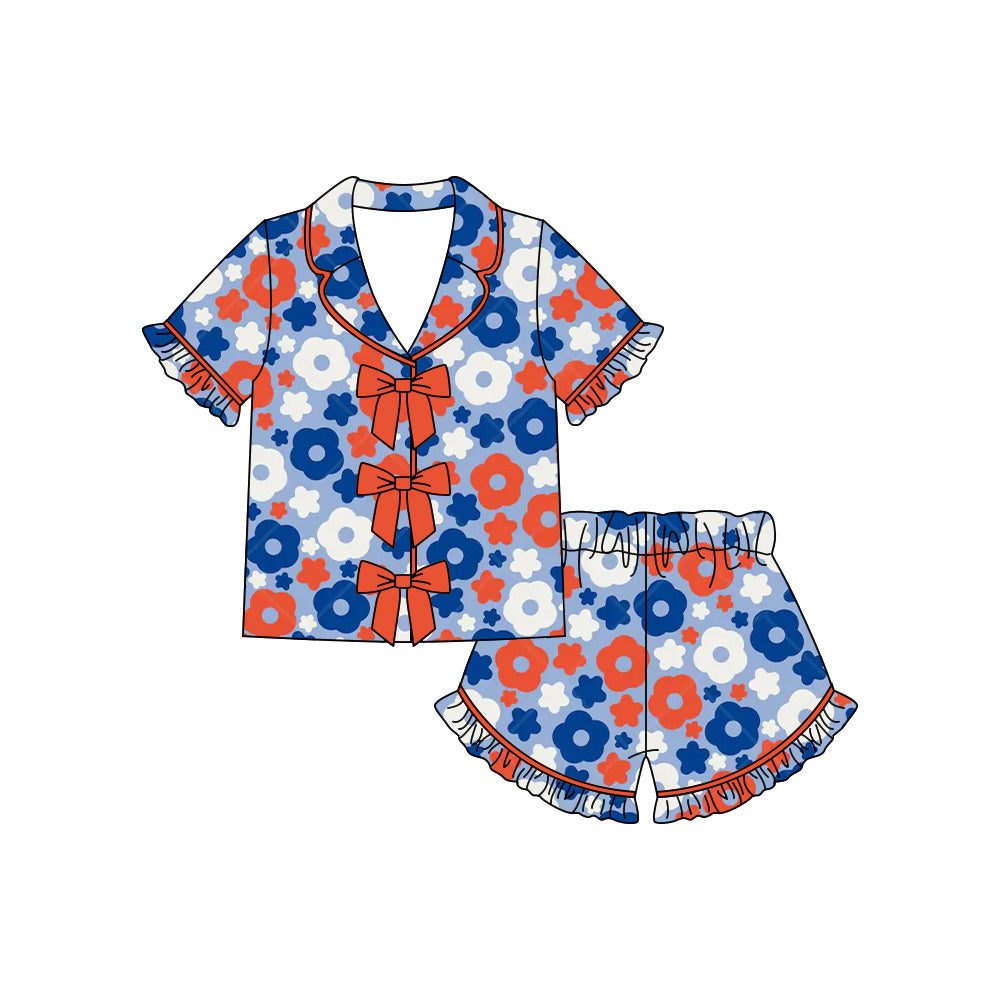 preorder GSSO3372 July 4th Flowers Bows Short Sleeve Shorts Girls Pajamas