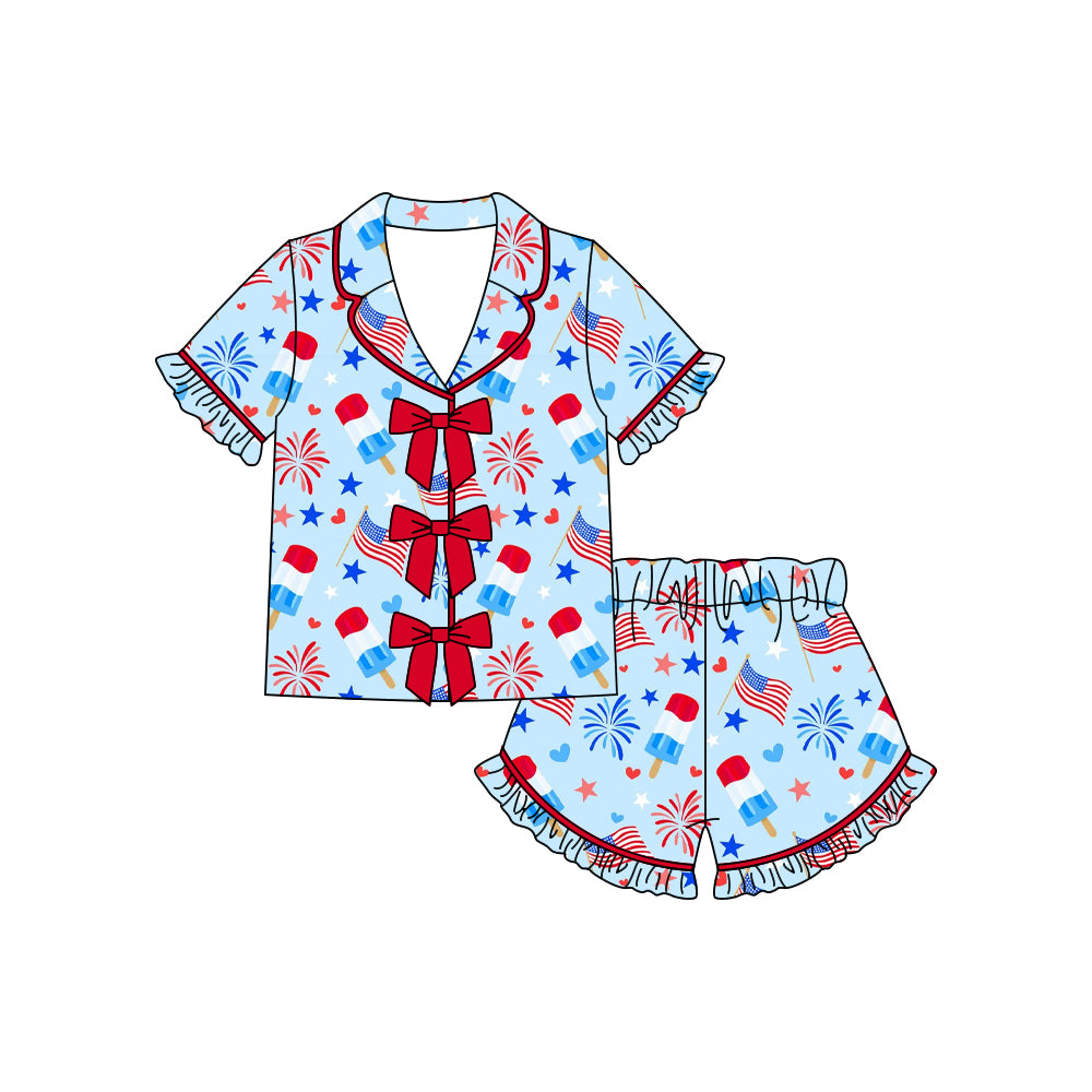 preorder GSSO3373 July 4th Firework Bows Short Sleeve Shorts Girls Pajamas
