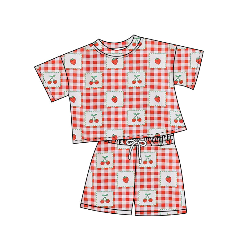 preorder GSSO3380 Strawberry Cherry Red Checkered Short Sleeve Shorts Girls Set