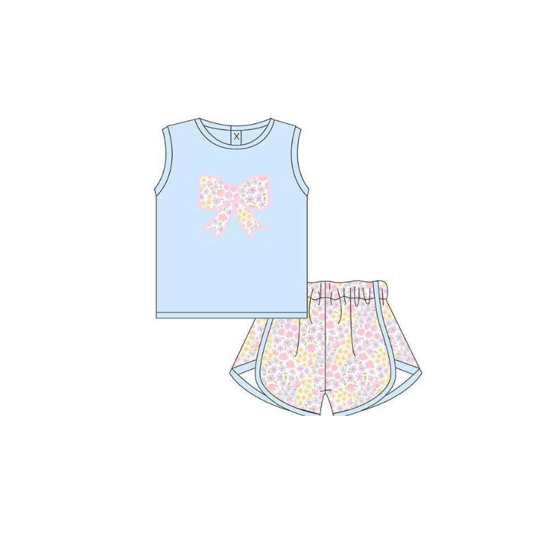 preorder GSSO3383 Flowers Bow Blue Sleeveless Shorts Girls Set
