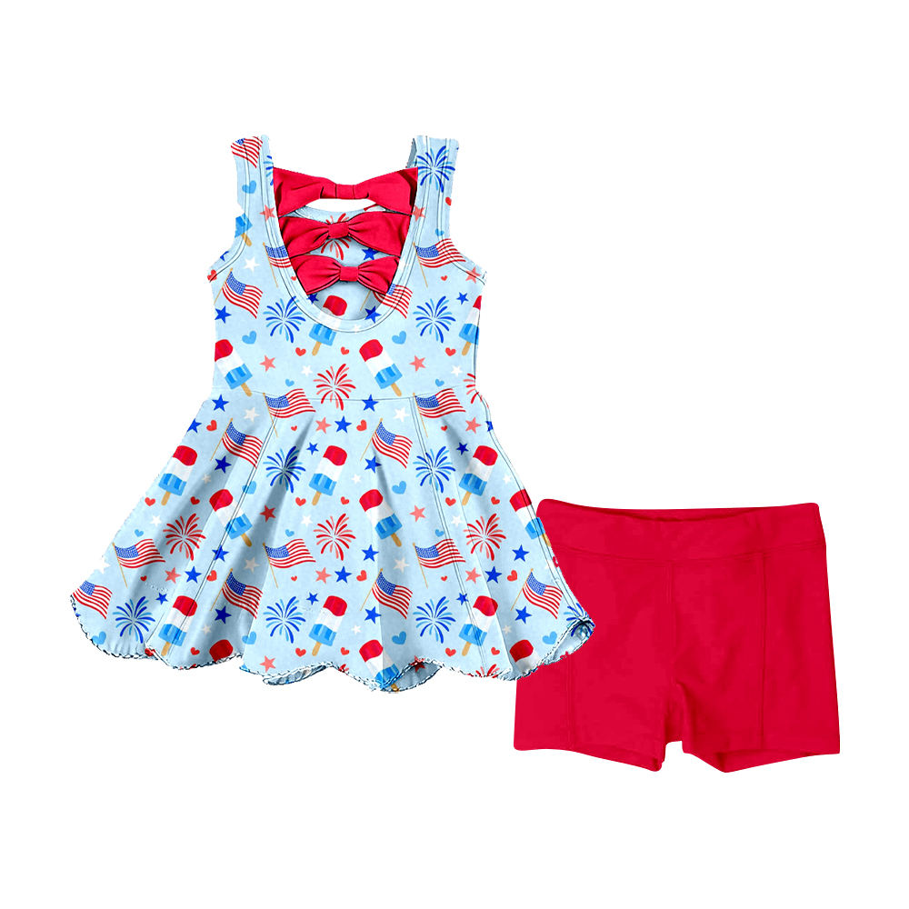 preorder GSSO3386 July 4th Flag Sleeveless Red Shorts Girls Set