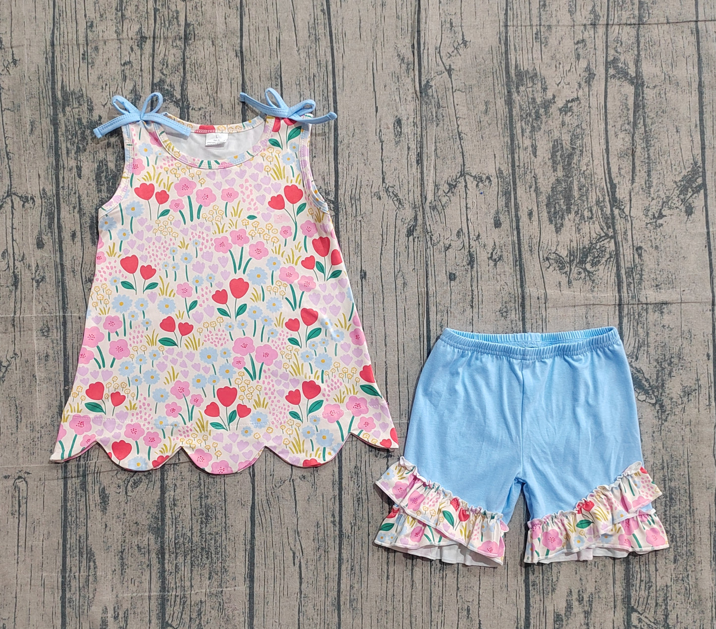 preorder Samples GSSO3390 Scallop Flowers Bows Sleeveless Blue Shorts Girls Set