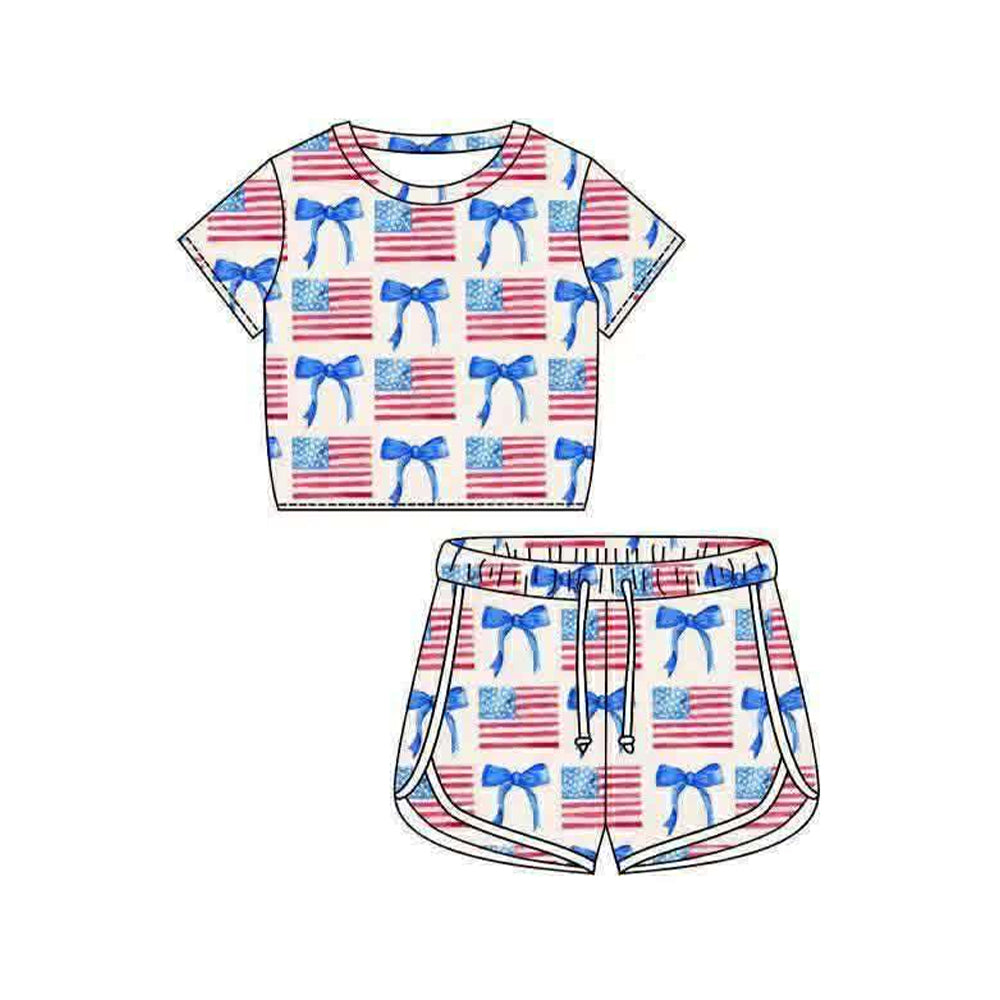 preorder GSSO3402 July 4th Flag Short Sleeve Shorts Girls Set