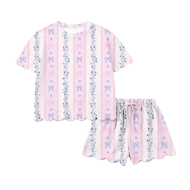 preorder GSSO3410 Pink Bows Flowers Short Sleeve Shorts Girls Set