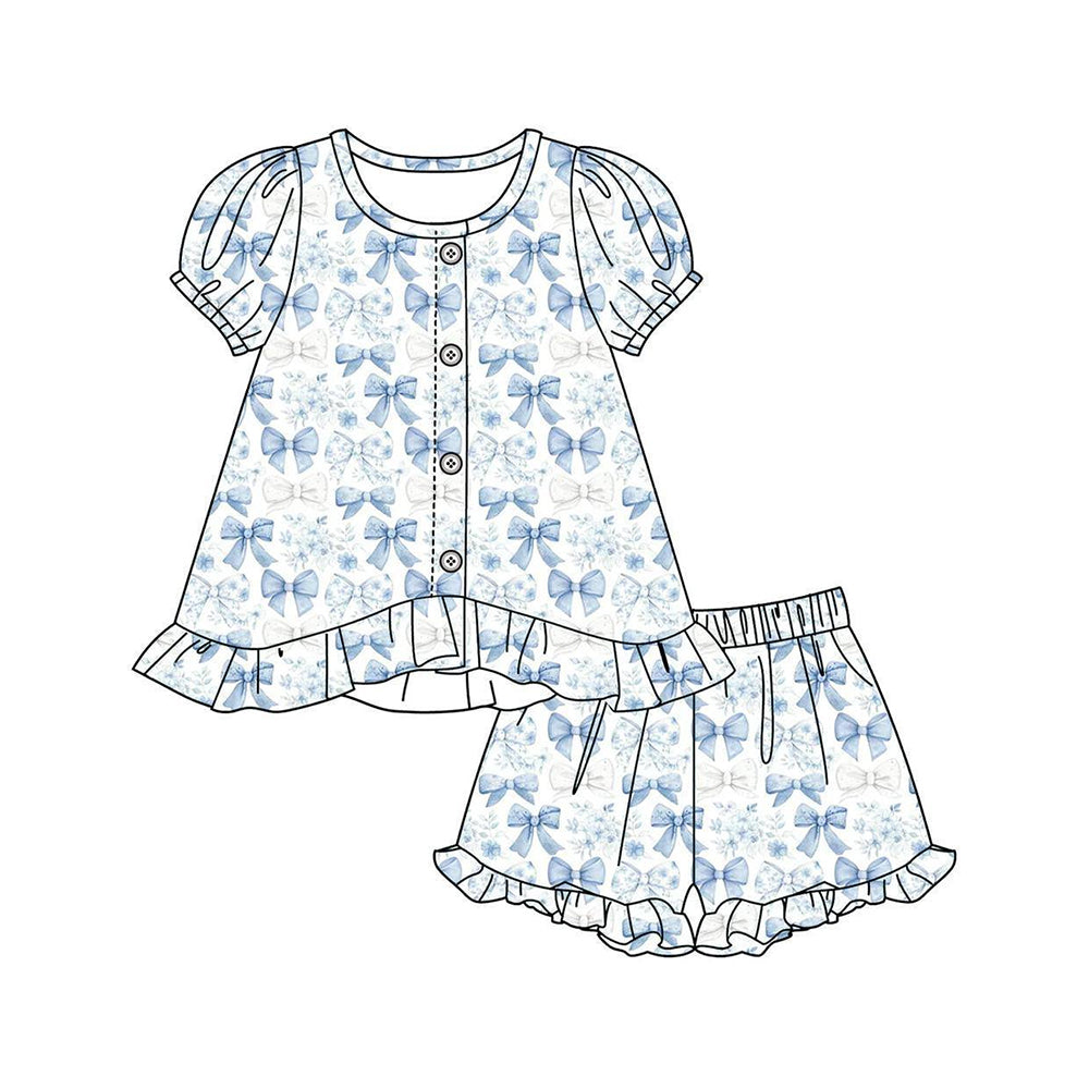 preorder GSSO3435 Blue Bows Short Sleeve Shorts Girls Set