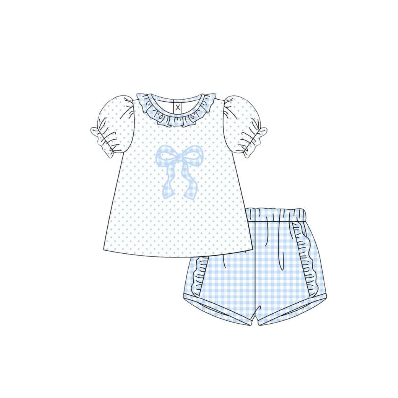 preorder GSSO3441 Blue Bow Short Sleeve Shorts Girls Set
