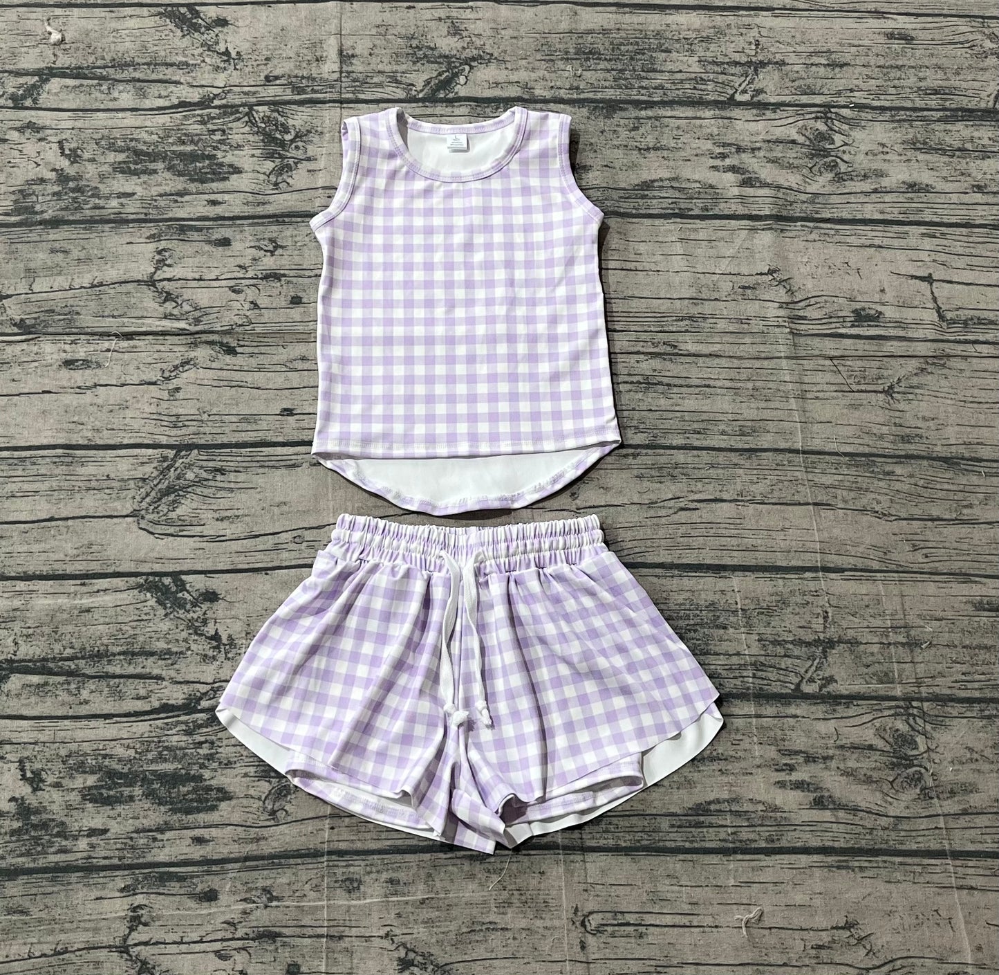 preorder Samples GSSO3477 Yoga Purple Checkered Sleeveless Shorts Girls Set
