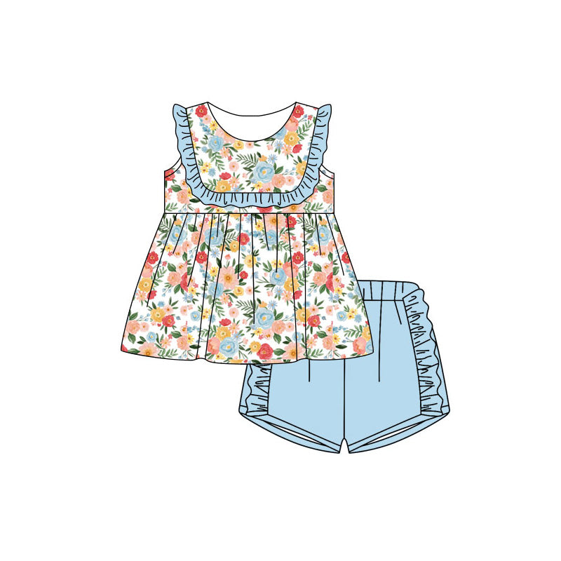 preorder GSSO3481 colorful Flowers Floral Flutter Sleeve Blue Shorts Girls Set