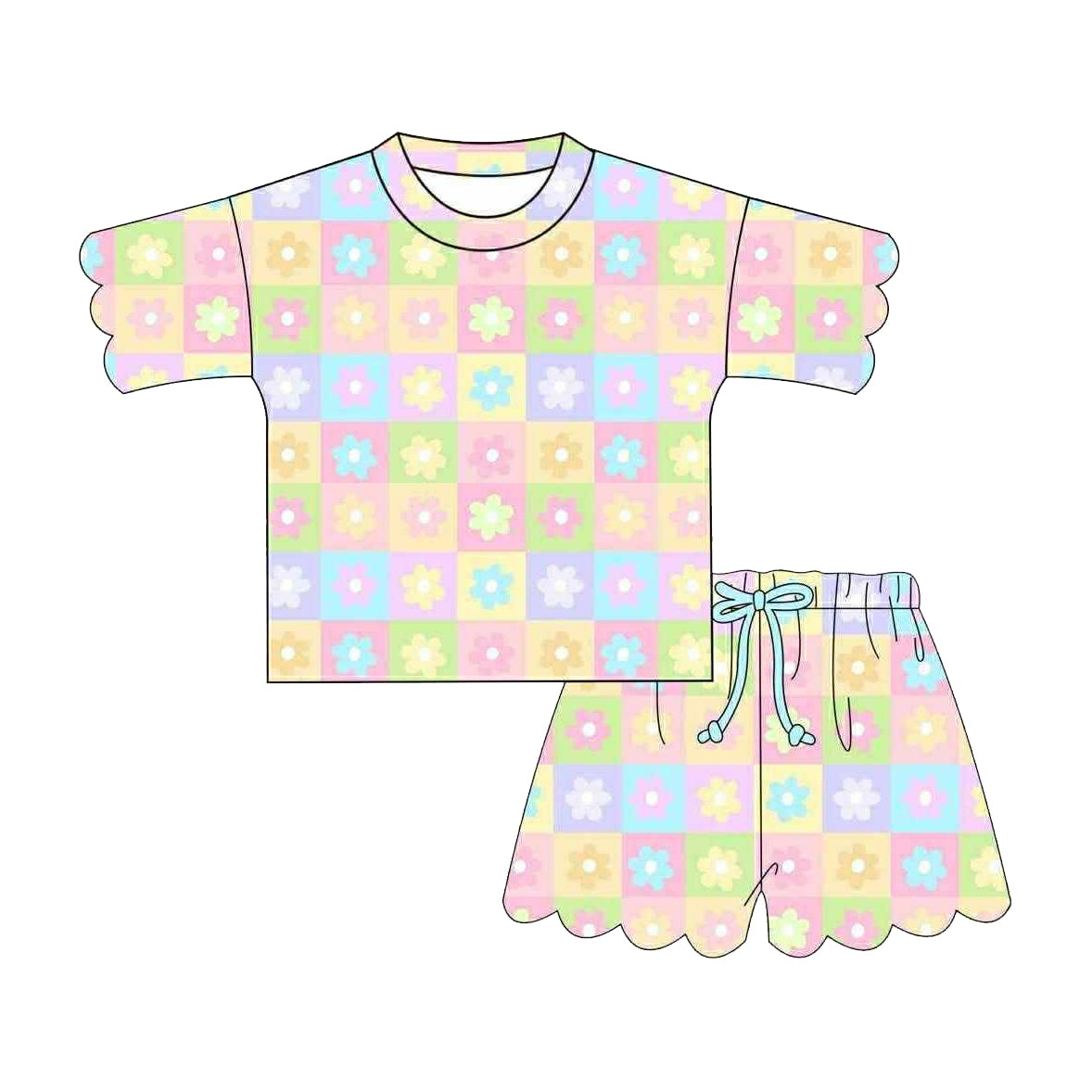 preorder GSSO3482 Colorful Flowers Checkered Short Sleeve Shorts Girls Set