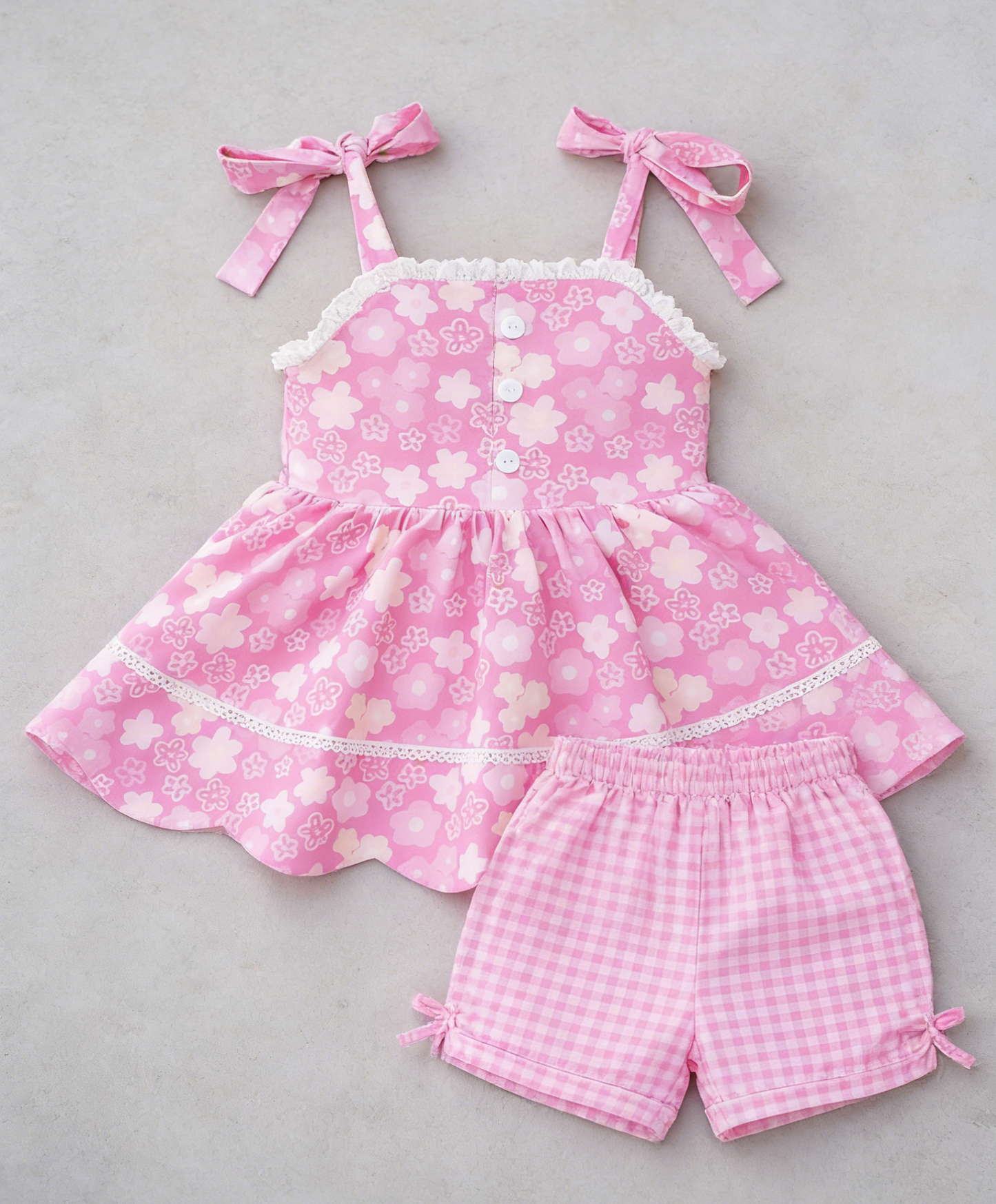 preorder GSSO3484 Flowers Pink Checkered Girls Set